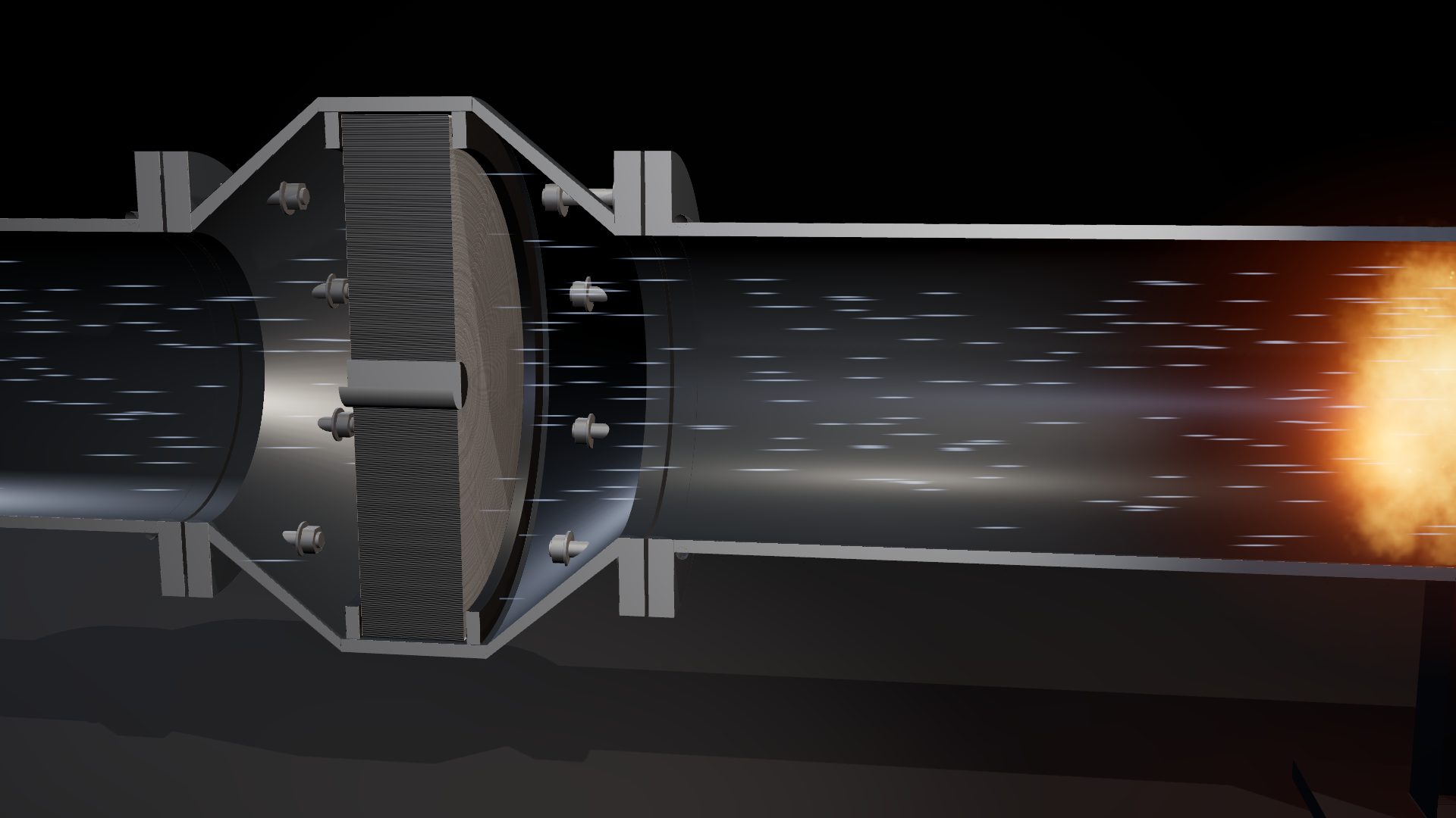 Cutaway of a Flameco flame cell in a gas line, gas flowing through the element toward the flame
